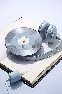 黑胶唱片和耳机放在一本打开的书上