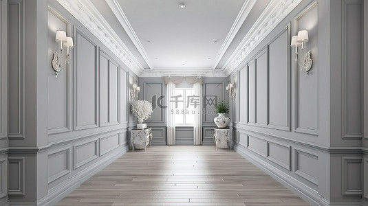 酒店房间门口背景图片_经典风格走廊的 3D 渲染，配有灰色墙壁和白色木镶板