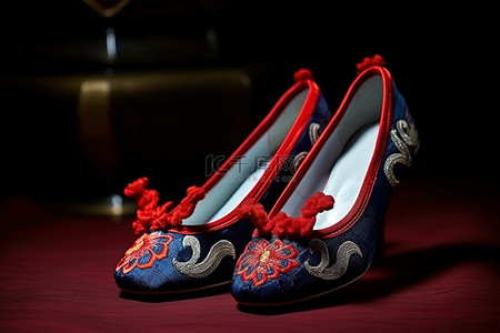 鞋鞋背景图片_中国传统红蓝刺绣丝绸花边婚鞋