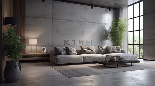 现代宽敞的室内空间，混凝土墙和舒适的沙发，令人惊叹的 3D 可视化效果