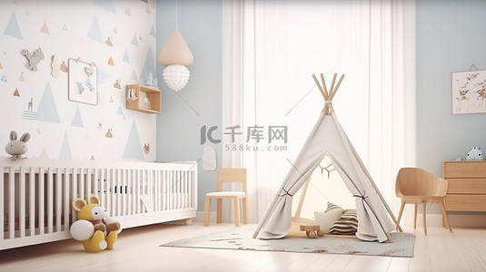 斯堪的纳维亚风格的 3D 渲染设计精美的儿童房