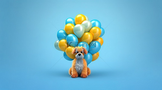 蓝色背景狗背景图片_蓝色背景 3D 渲染中具有俏皮狗设计的彩色气球