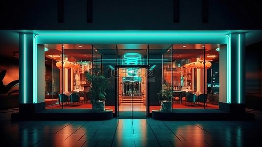 1 现代酒店大堂的 3D 渲染，配有霓虹灯和中心豪华的用餐区