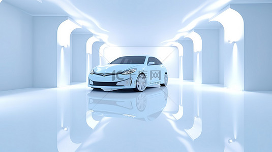 白色塑料汽车的 3D 渲染概念图像，在简约的白色空间中被蓝色光线包围
