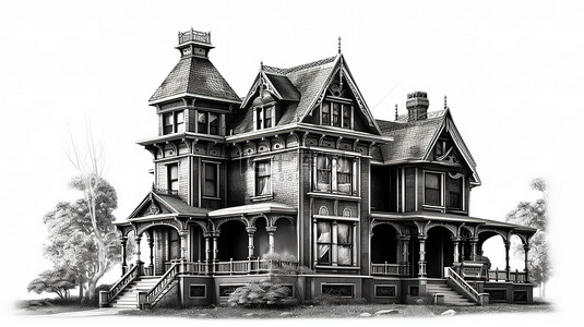 维多利亚风格的黑色白色背景的房子从各个角度以 3D 呈现