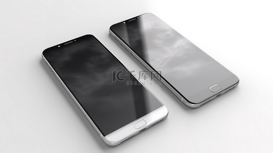 智能科技信息背景图片_在白色背景上以 3d 呈现的三个智能手机模型