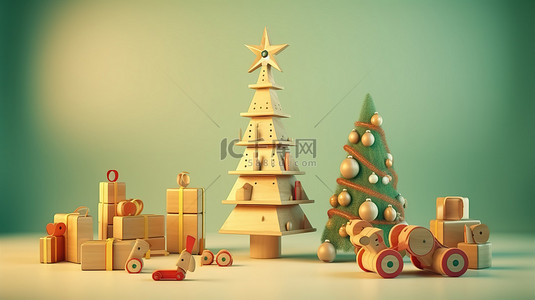 3D 渲染的发光树下有木制玩具和圣诞礼物的节日场景