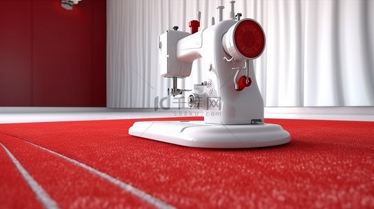 在铺有红地毯地板和白色墙壁的房间的圆桌上关闭一台白色缝纫机的 3D 渲染