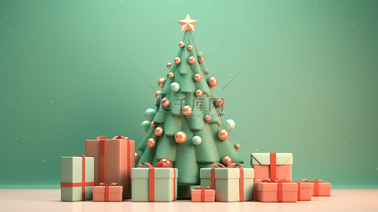 带有包装礼物的节日圣诞树的 3D 插图