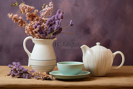 下午背景背景图片_一个杯子和碟子杯子和一个花瓶，里面装着秋天的彩色花朵