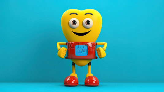 黄色背景，带有 3D 渲染的红心人物吉祥物和蓝色健身追踪器