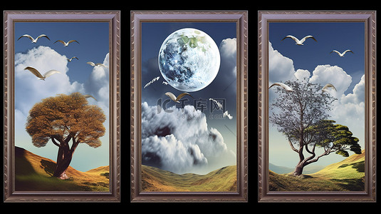 使用 3D 框架增强您的家居装饰，其中包含树木云鸟月亮和山脉，呈现宁静的风景