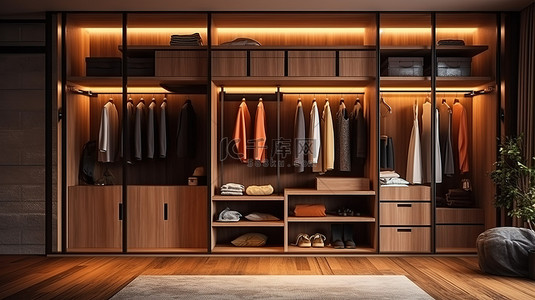 现代室内设计中时尚华丽的木制衣柜 3D 渲染插图