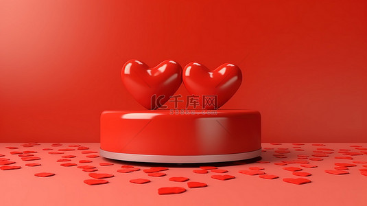 多巴胺爱心背景图片_红色背景上一颗心的 3D 插图，周围是讲台上的多颗心，爱情的渲染
