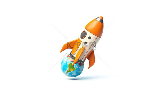 信号发射背景图片_白色背景下环绕地球的卡通火箭的 3D 渲染