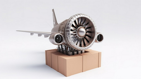 喷气发动机飞机送货箱的 3D 渲染，白色背景免费送货