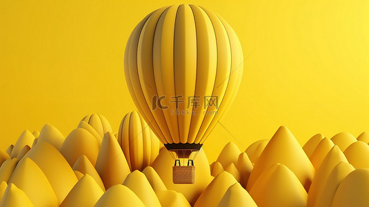 黄色热气球在 3D 渲染的黄色天空中翱翔