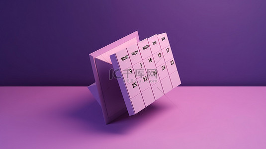 最小卡通风格 3D 日历图标，紫色背景上带有日月和年概念