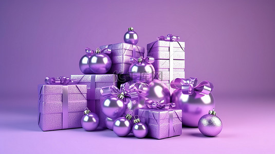 节日圣诞盒球和糖果手杖的 3D 渲染，上面装饰着紫色丝带