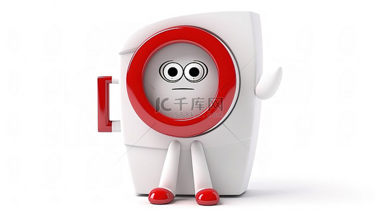 3d 渲染现代白色洗衣机吉祥物，白色背景上有红色禁止标志