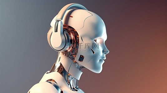 3D 渲染的 Android 机器人戴着耳机并在聊天机器人概念中举起手