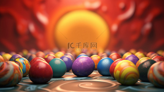 欢快的复活节插图，以彩色背景 3D 渲染的装饰鸡蛋为特色