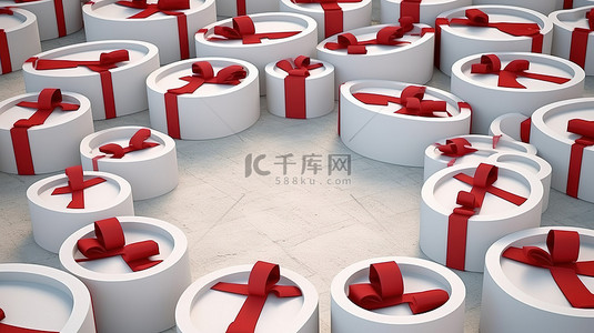 从上面 3D 渲染捕获的白色礼品盒，红丝带排列成圆形