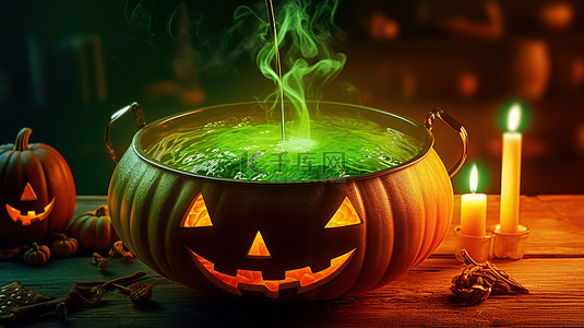 现代 3D 万圣节横幅，以杰克灯笼为特色，女巫的药水在绿色大锅中沸腾