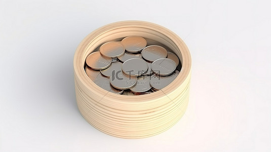 白色背景上盒子里一枚货币硬币的孤立 3D 渲染，象征着捐赠钱罐和储蓄