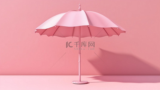 纯色背景 3D 渲染上的单色粉色沙滩伞