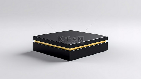 优雅的白色工作室 3D 渲染金色装饰黑色滑动盒样机