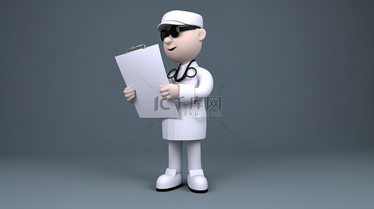 卡通医生护士背景图片_卡通医生角色在 3D 渲染中偷看大空白剪贴板
