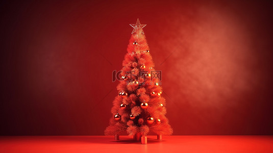节日 3D 渲染装饰圣诞树，在模糊的红色背景下完美适合您的品牌徽标和文字