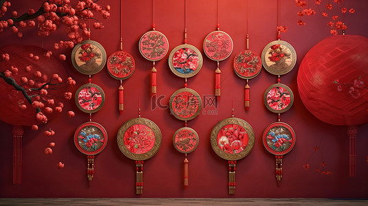 中文旧报纸背景图片_中国传统装饰品的 3D 渲染庆祝欢乐的农历新年