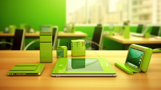 绿色背景下有数字平板电脑和手机 3D 插图的办公桌