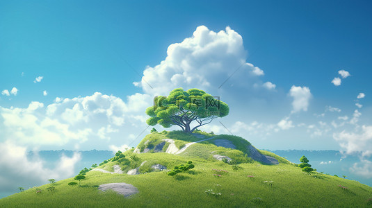 风景如画的山丘景观与树木和云彩的 3D 插图