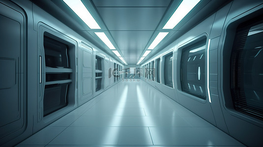 空荡荡的室内走廊以 3D 呈现，具有未来感