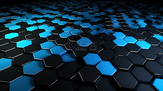 黑色和蓝色六角形图案的 3D 渲染