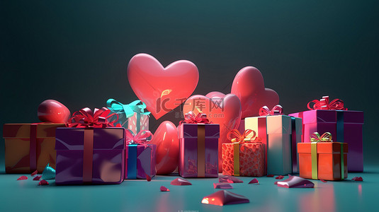 用礼物庆祝母亲节和情人节的衷心 3D 插图