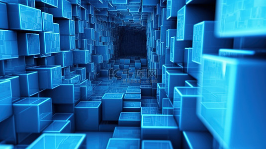充满活力的蓝色令人惊叹的水平业务演示背景中的挤压立方体隧道抽象