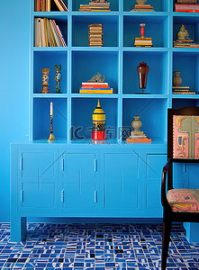 家具蓝色背景图片_带书架的蓝色瓷砖房间
