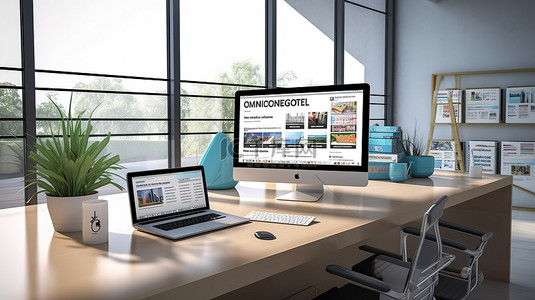 办公室桌面的 3D 渲染，屏幕上显示数字营销网站