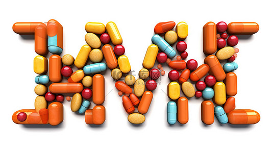 药房字母表中的字母 m 在白色背景 3d 渲染上的药物丸胶囊片剂和水泡集合中