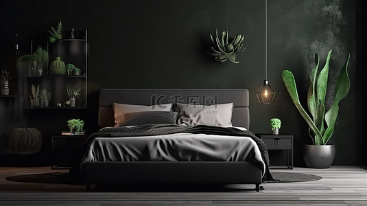 带壁灯仙人掌和 3D 渲染的时尚黑色卧室