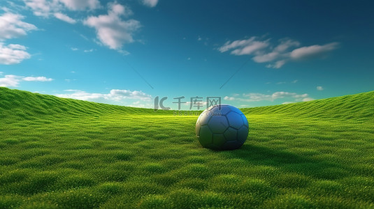 比赛足球场背景图片_蓝天背景下绿草茂盛的足球场的 3d 渲染
