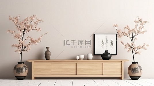 电视墙背景图片_质朴的日本风格内饰，配有木制电视柜和顶桌 3D 渲染