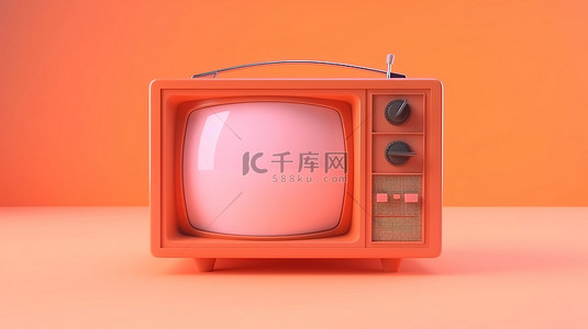 粉红色背景上的老式橙色电视在社交媒体过滤器照片 3D 渲染插图中来自过去的爆炸