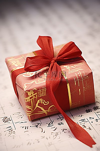红色礼物包裹着中文文字和金色蝴蝶结