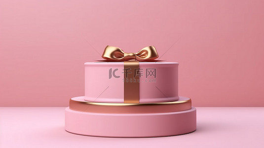 粉色 3D 渲染产品展台，配有讲台底座和金丝带包裹的礼品盒
