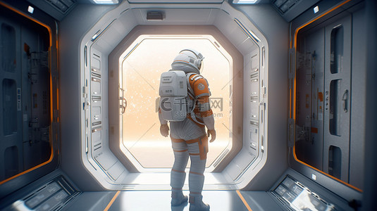 宇航员站在宇宙飞船走廊尽头的窗边想家的 3D 渲染